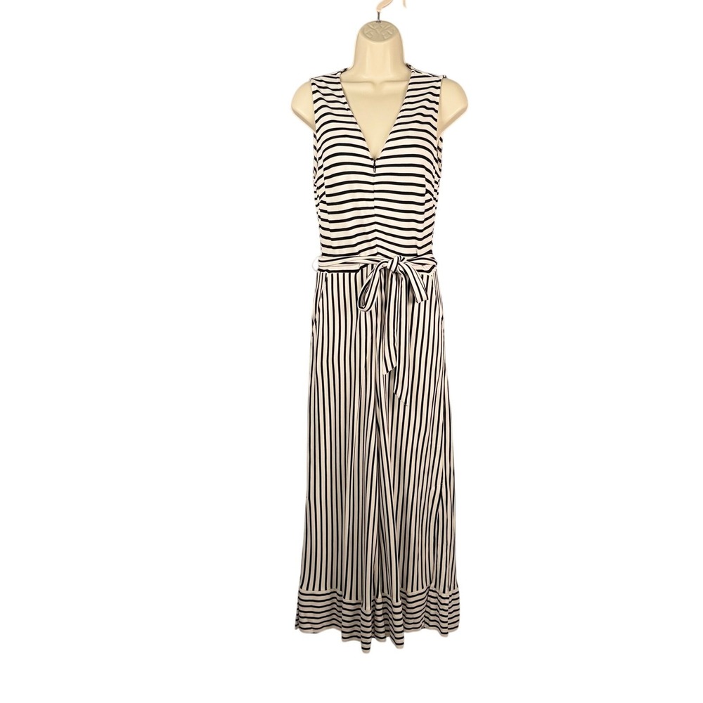 Worthington Jumpsuit M Black White Stripe Knit Cropped Wide Leg Cruise Vacation